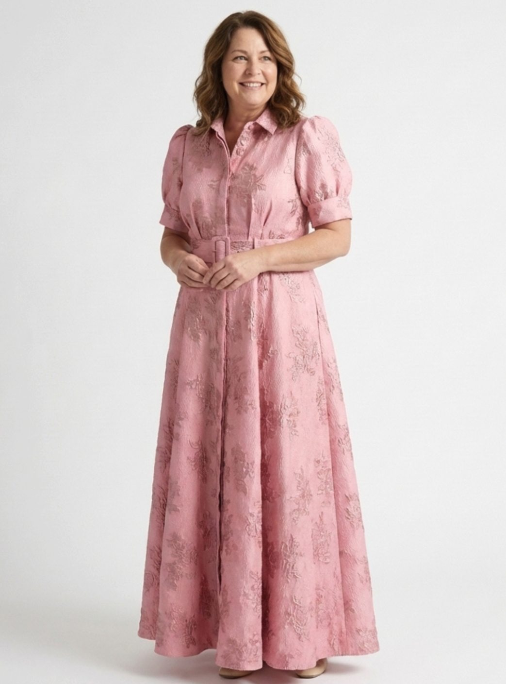 Women's Belted Floral Jacquard Maxi Shirt Spring Dress