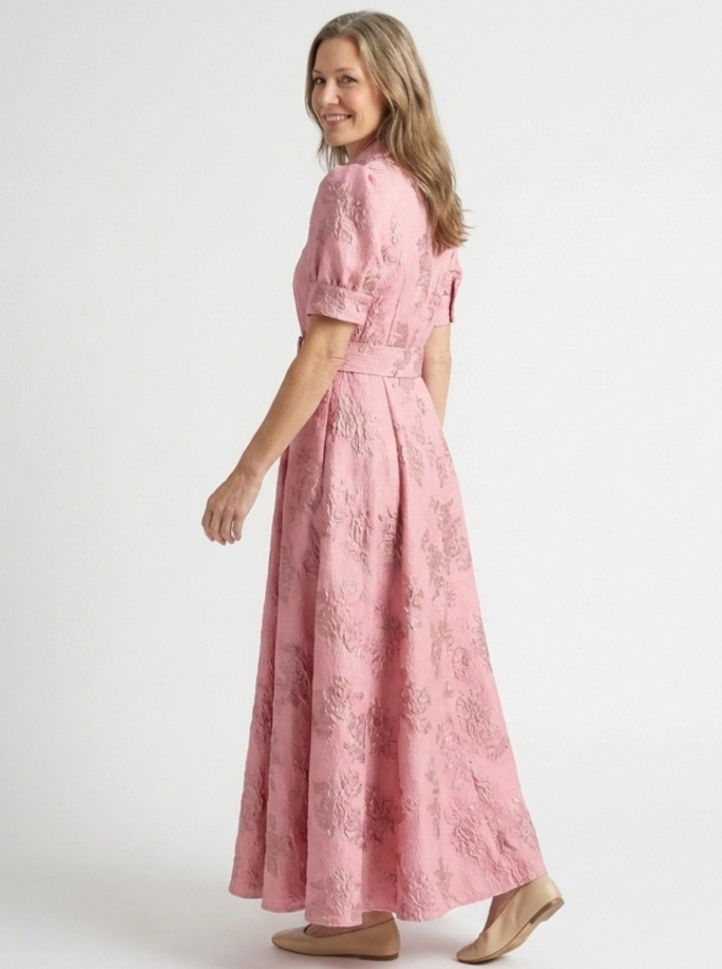 Women's Belted Floral Jacquard Maxi Shirt Spring Dress