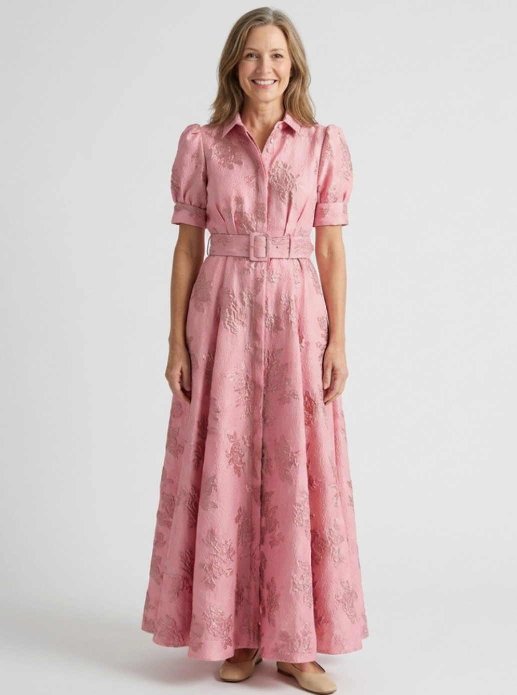 Women's Belted Floral Jacquard Maxi Spring Dress Shirt Collar - Pink