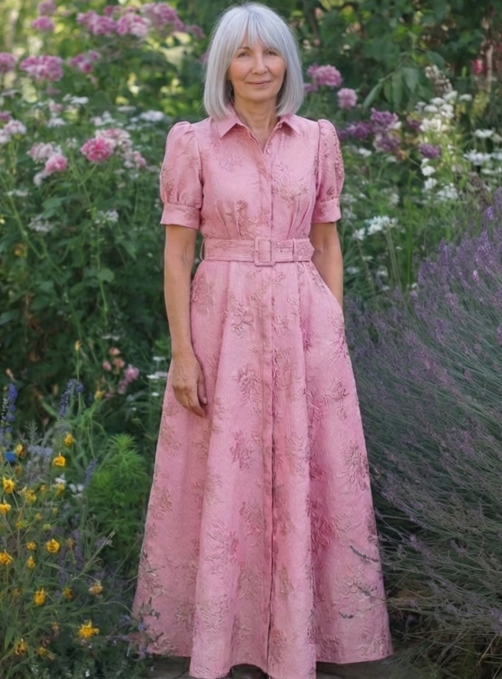 Women's Belted Floral Jacquard Maxi Spring Dress Shirt Collar