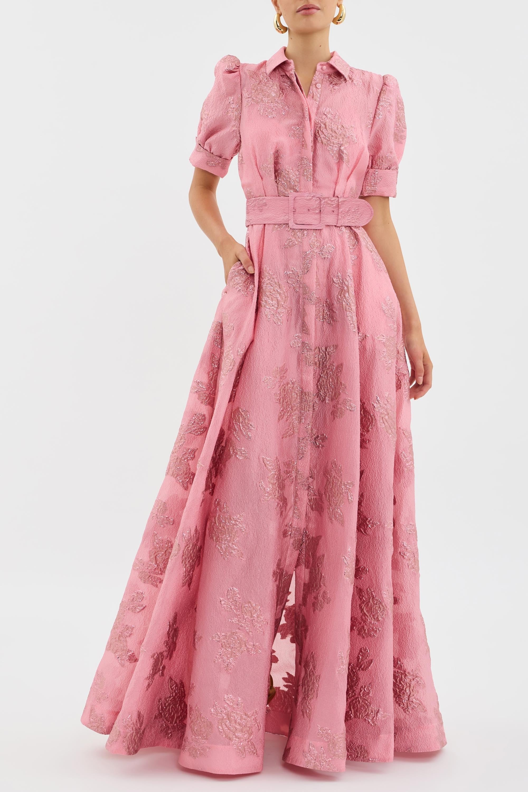 Women's Belted Floral Jacquard Puff-Sleeve Formal Dress A-Line Maxi Gown