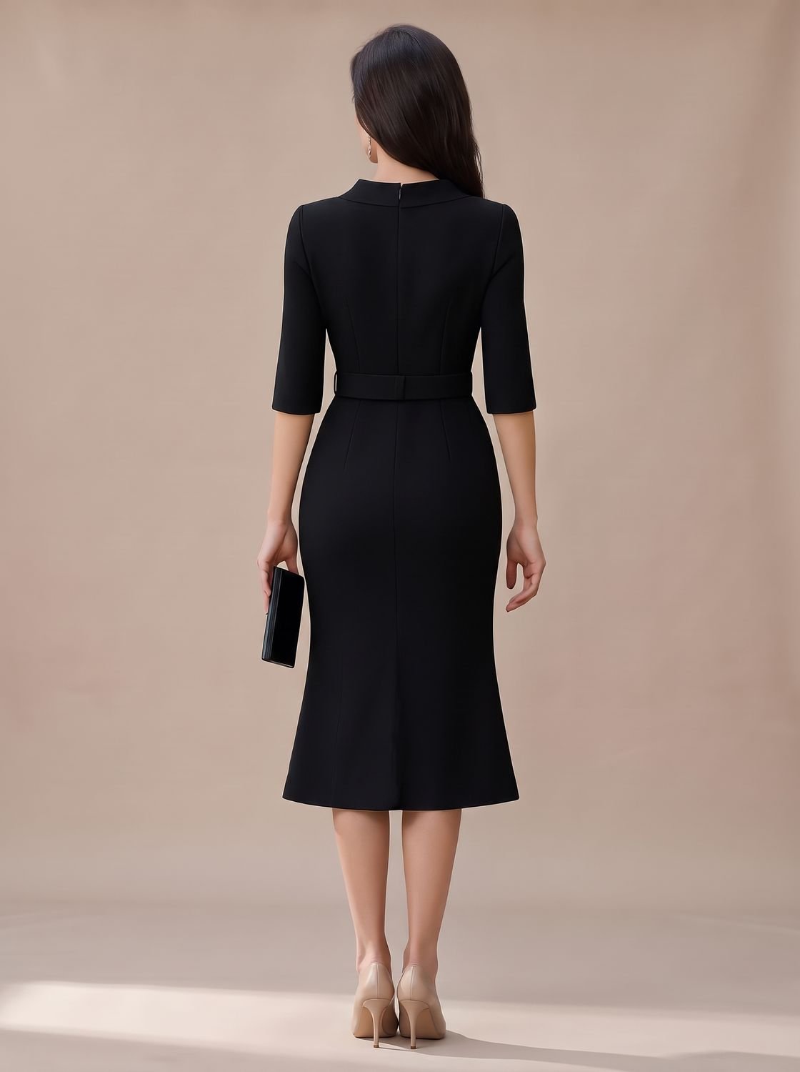 Women's Belted High-Neck Black Midi Dress Asymmetric Hem