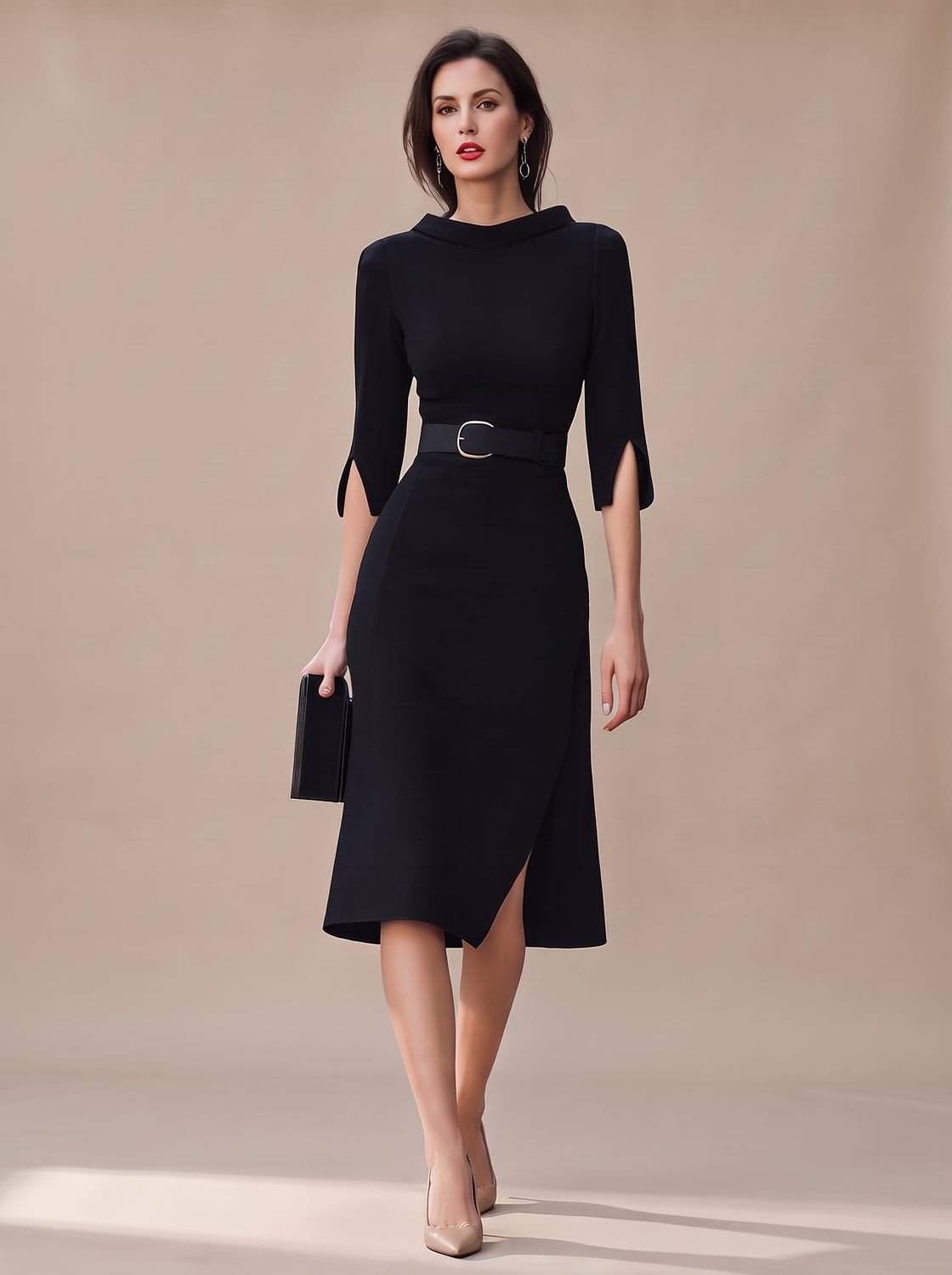 Women's Belted High-Neck Black Midi Dress Asymmetric Hem