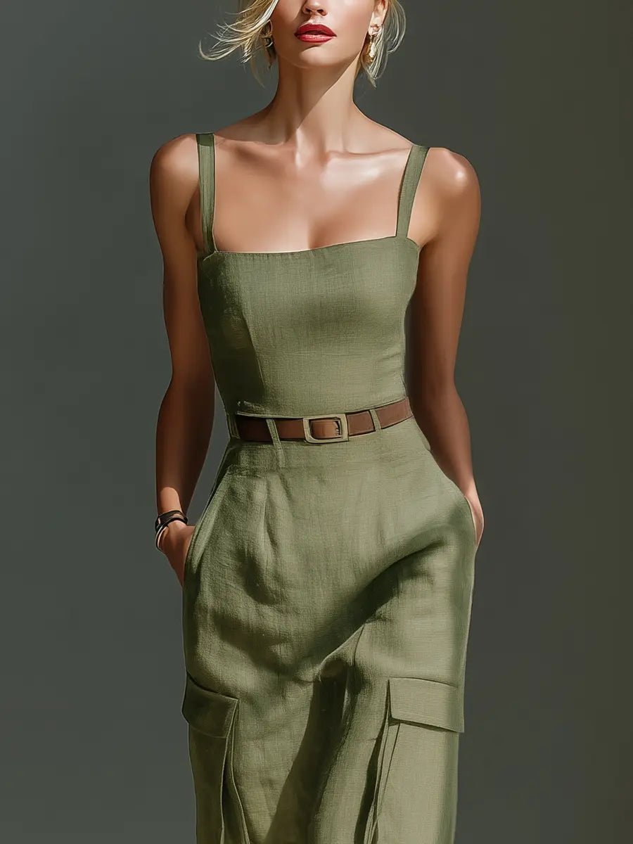 Women's Belted Linen Cargo Midi Dress