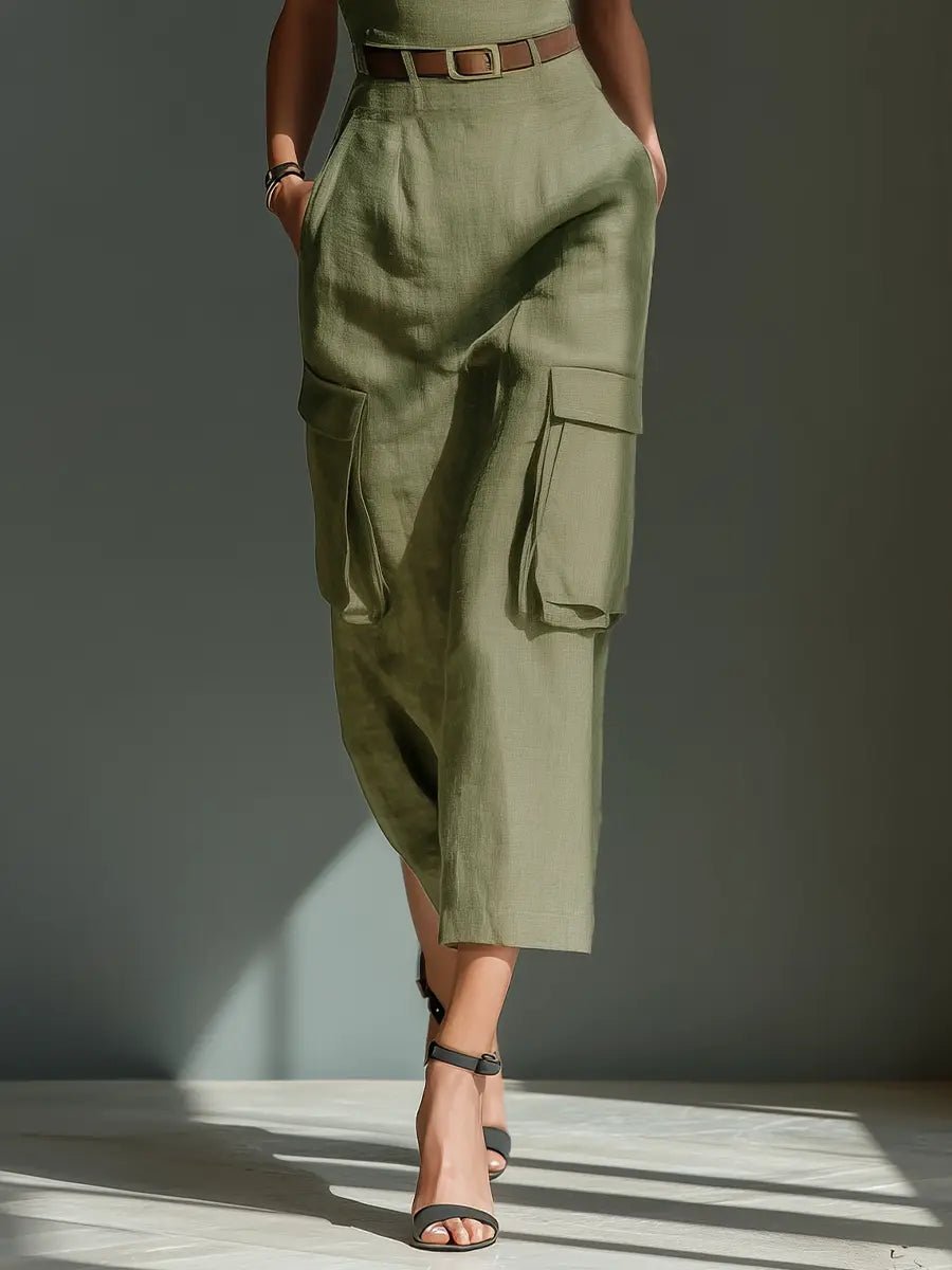 Women's Belted Linen Cargo Midi Dress