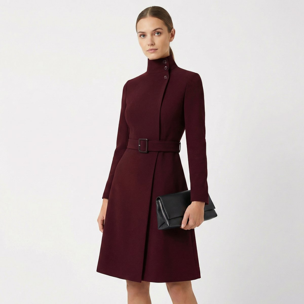 Women's Belted Midi Summer Dress Jumpsuit Long Sleeve Tailored - Burgundy