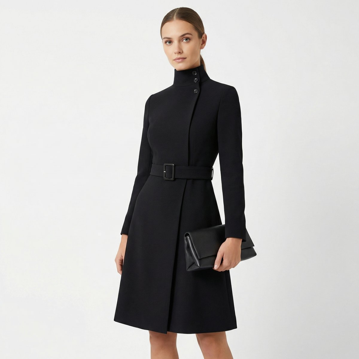 Women's Belted Midi Summer Dress Jumpsuit Long Sleeve Tailored - Black