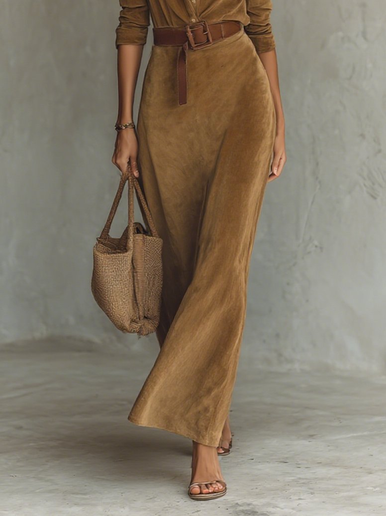 Women's Belted Suede-Look Lapel-Collar Maxi Dress