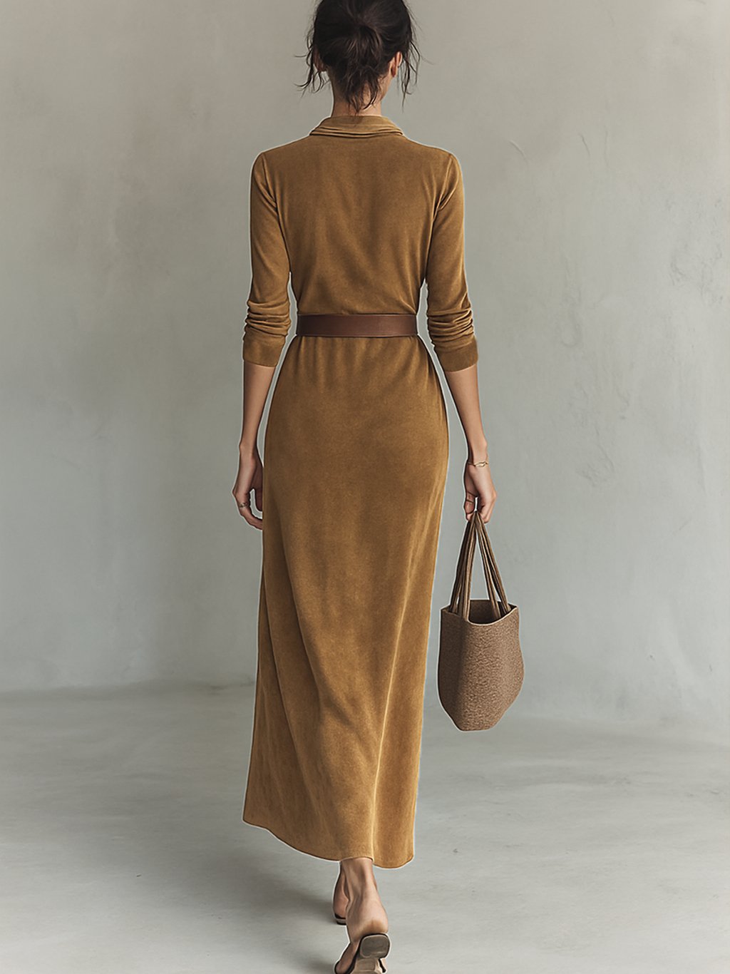 Women's Belted Suede-Look Lapel-Collar Maxi Dress