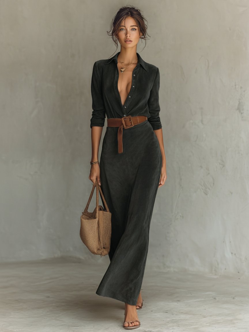Women's Belted Suede-Look Lapel-Collar Maxi Dress - Drak Gray