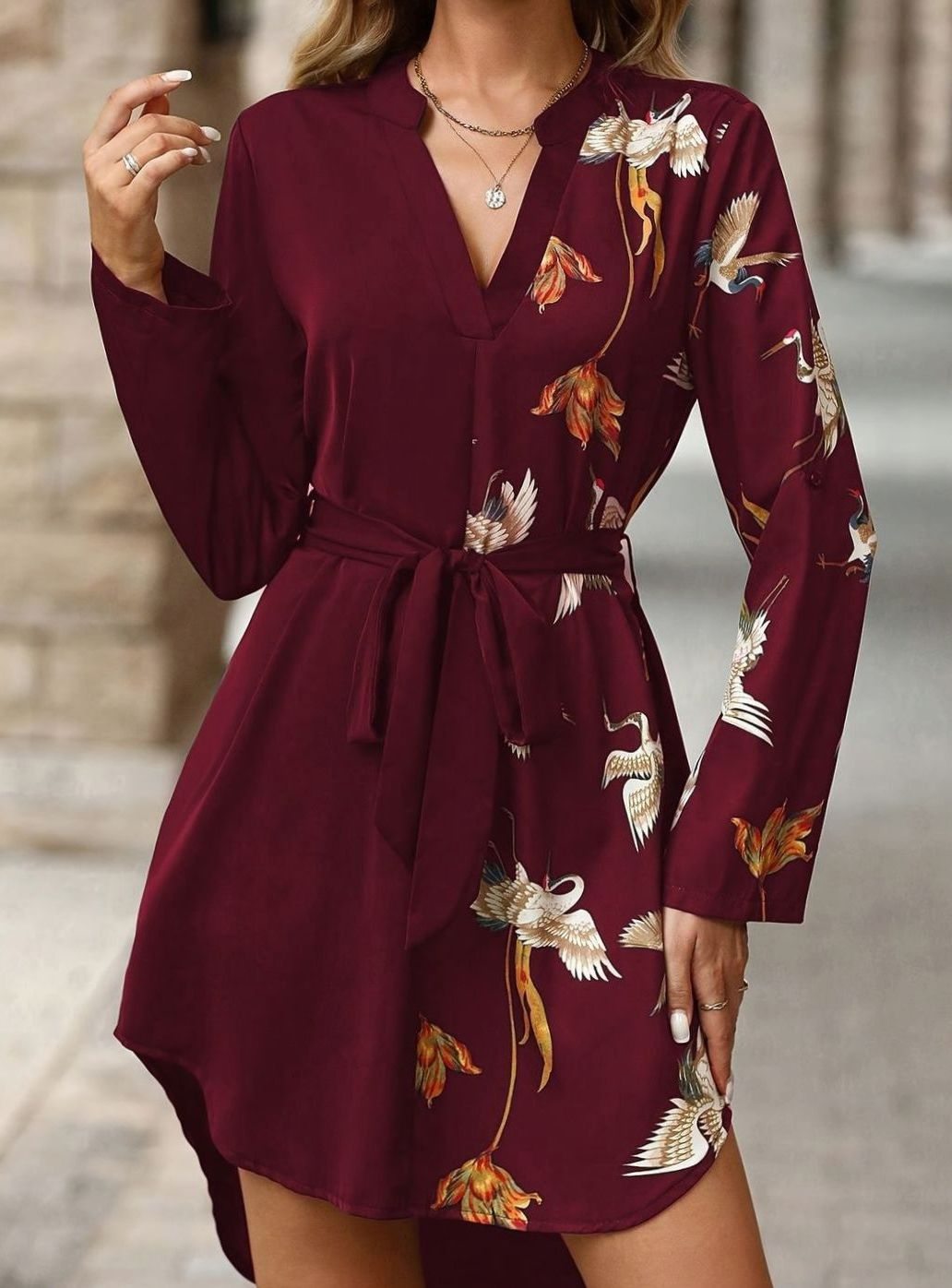 Women's Belted V-Neck Crane Print Mini Shirt Dress