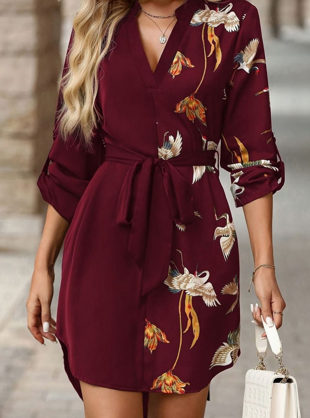 Women's Belted V-Neck Crane Print Mini Shirt Dress