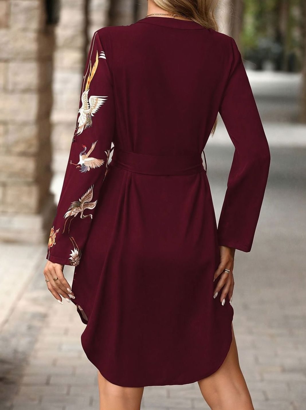Women's Belted V-Neck Crane Print Mini Shirt Dress