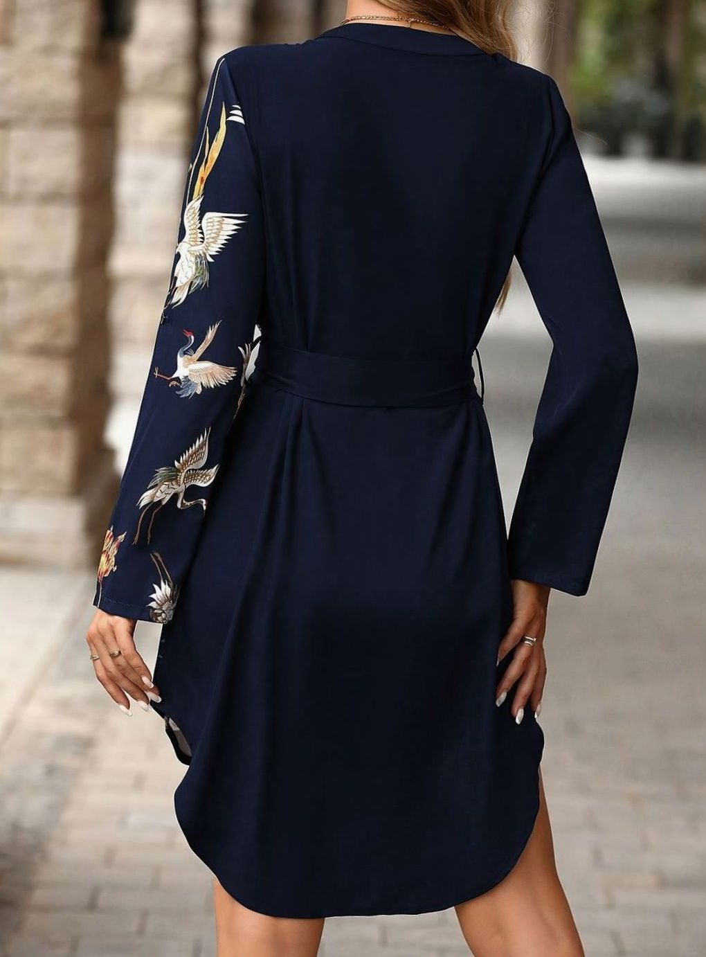 Women's Belted V-Neck Crane Print Mini Shirt Dress