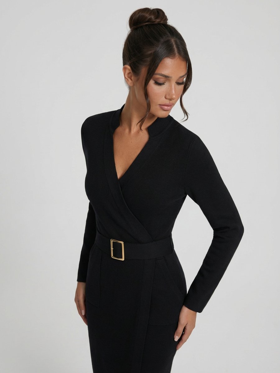 Women's Belted Wrap Midi Summer Dress Jumpsuit Long Sleeve