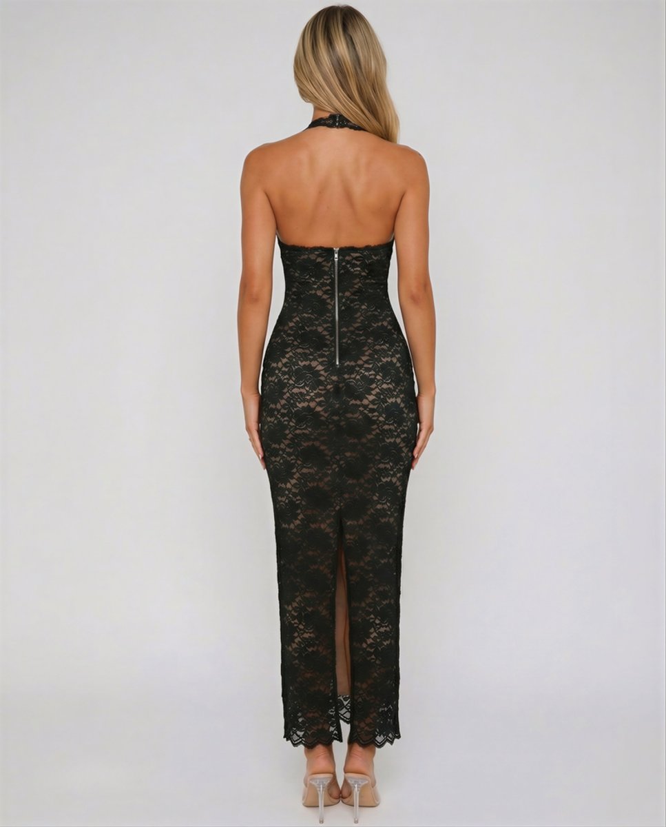 Women's Black Lace Halter Bodycon Summer Dress Maxi