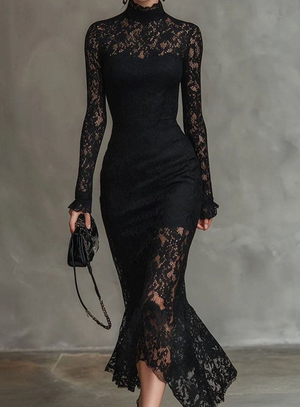 Women's Black Lace Long Sleeve Midi Wedding Guest Dress - Black