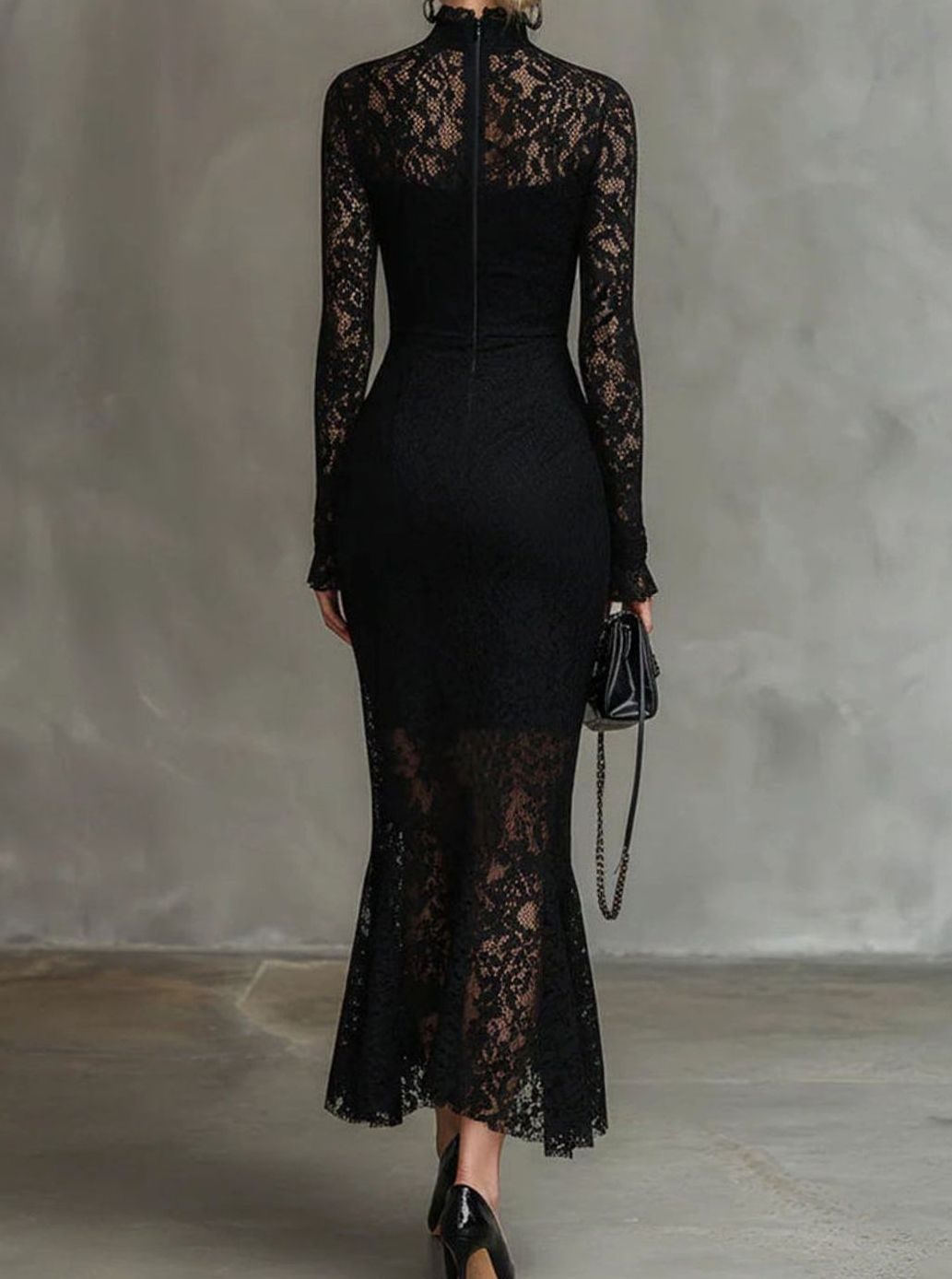 Women's Black Lace Long Sleeve Midi Wedding Guest Dress