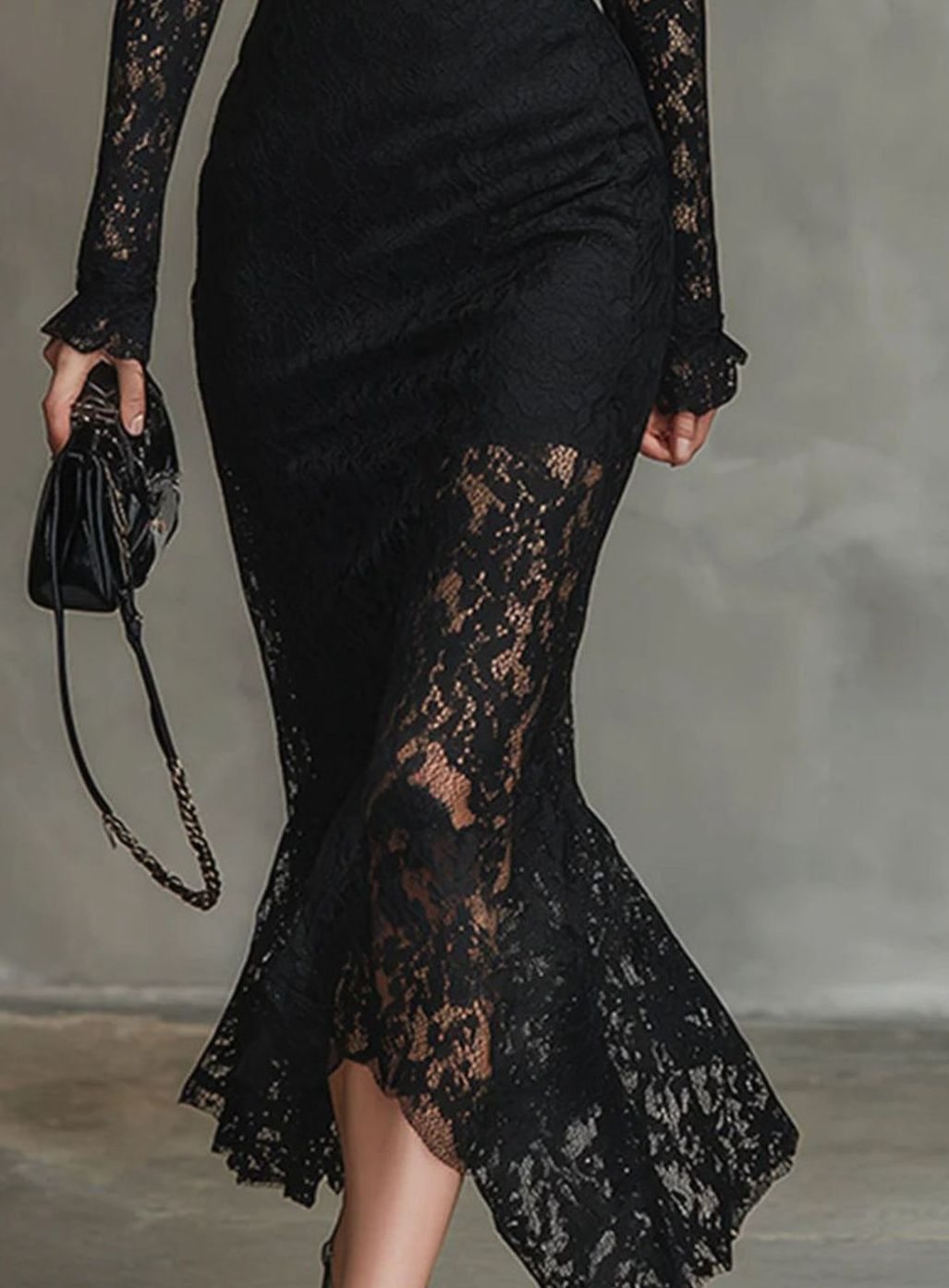 Women's Black Lace Long Sleeve Midi Wedding Guest Dress