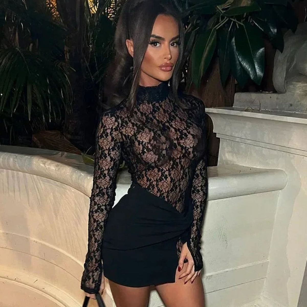 Women's Black Lace Long Sleeve Mock-Neck Bodycon Mini Dress - Black