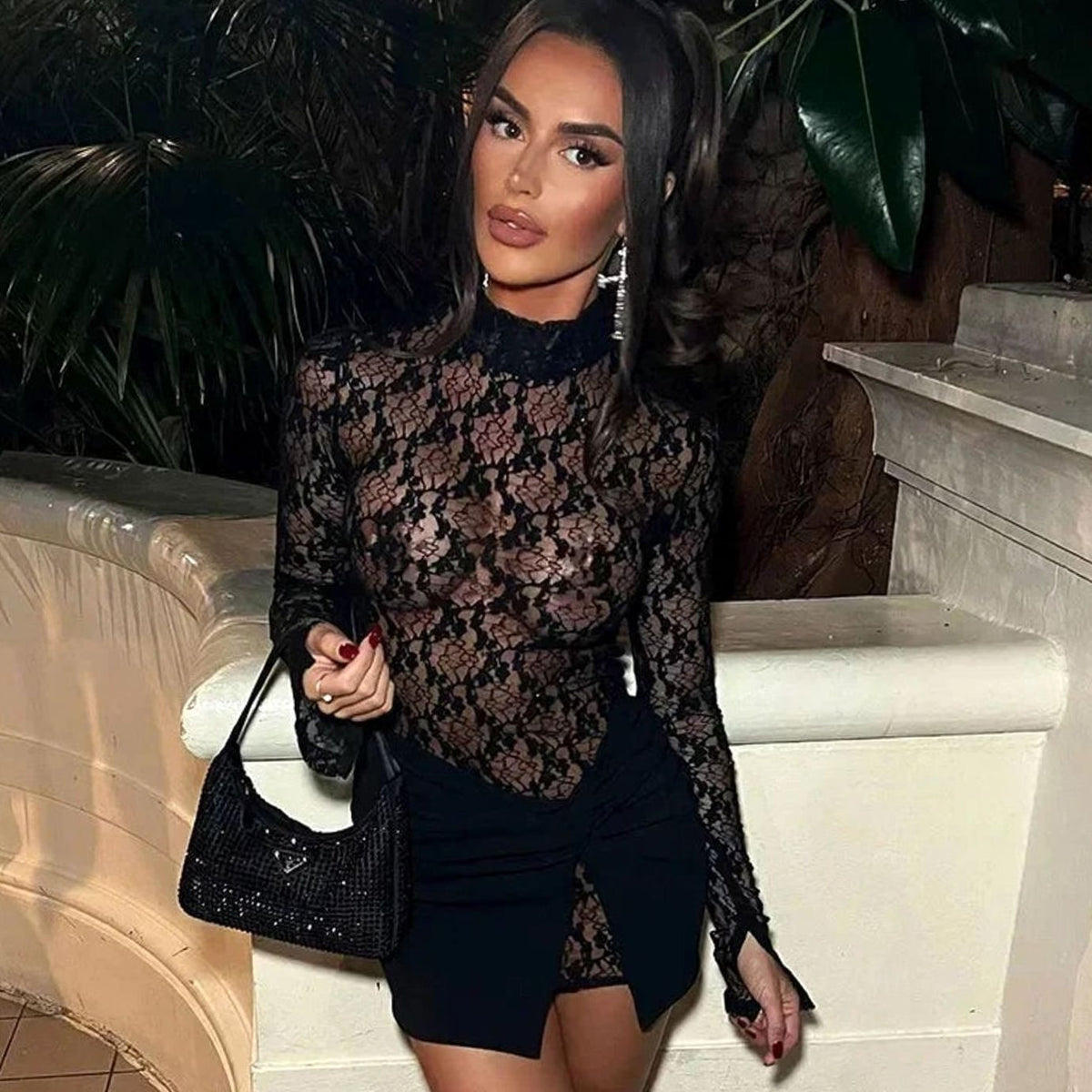 Women's Black Lace Long Sleeve Mock-Neck Bodycon Mini Dress