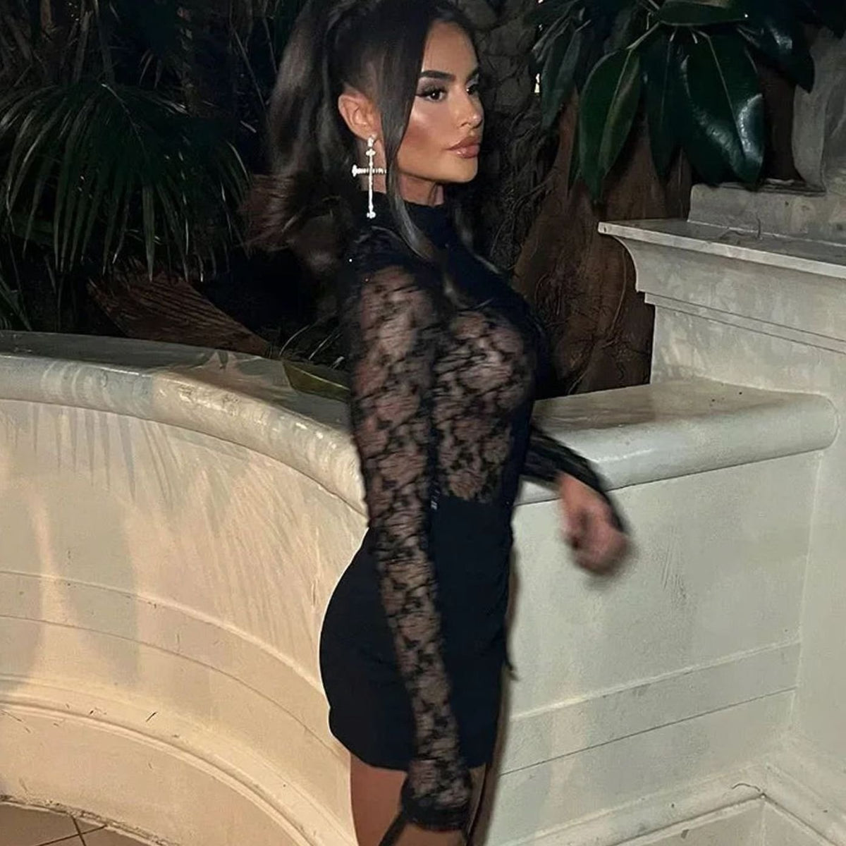 Women's Black Lace Long Sleeve Mock-Neck Bodycon Mini Dress