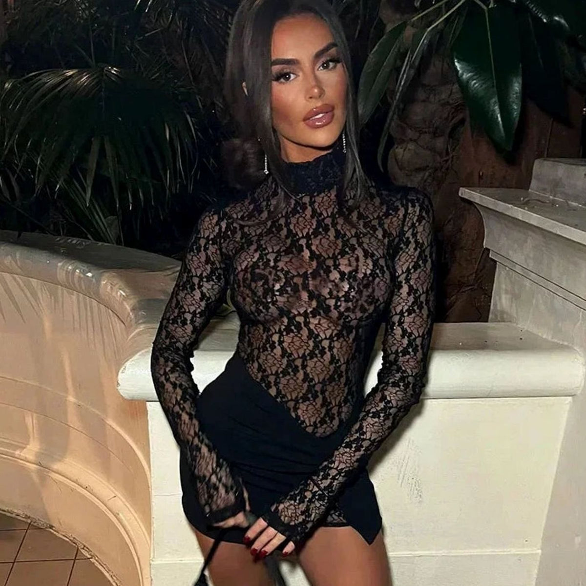 Women's Black Lace Long Sleeve Mock-Neck Bodycon Mini Dress