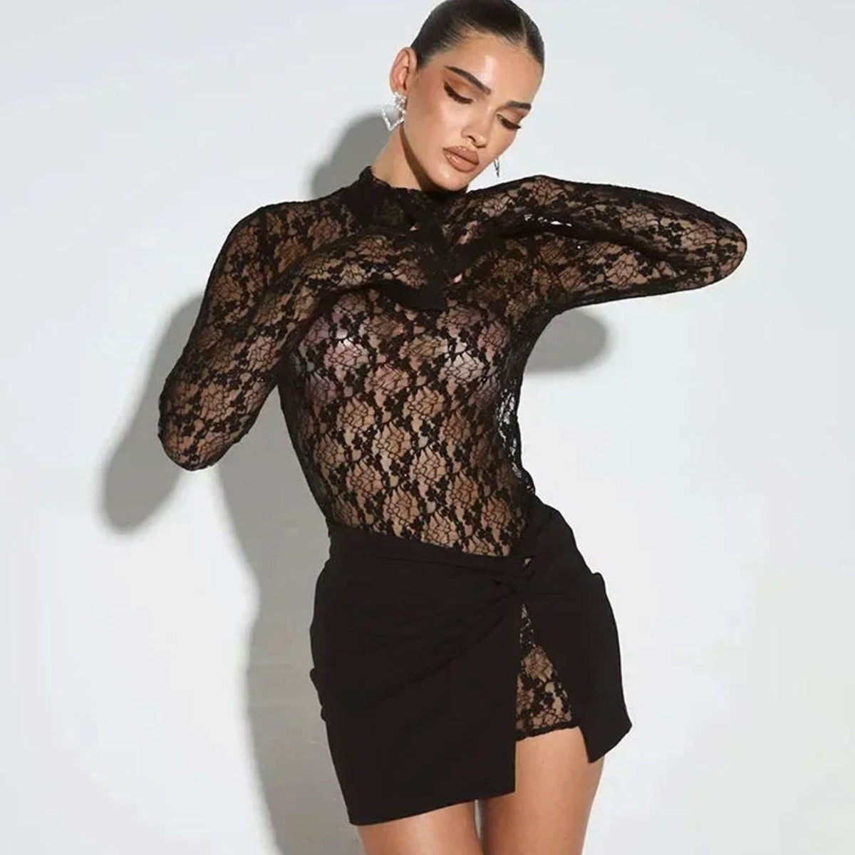 Women's Black Lace Long Sleeve Mock-Neck Bodycon Mini Dress