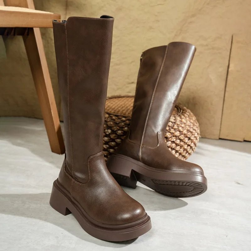 Women's Black Leather Knee-High Platform Boots - Brown