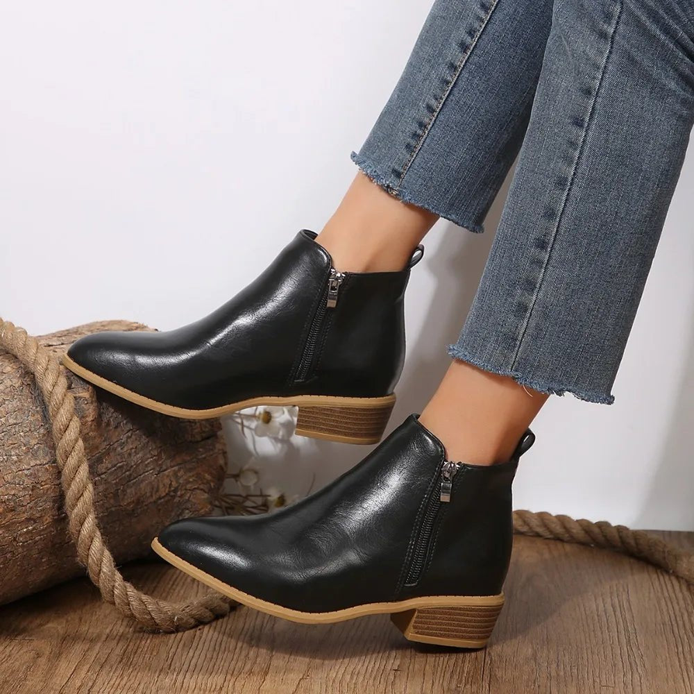 Women's Black Leather Side-Zip Block-Heel Ankle Boots