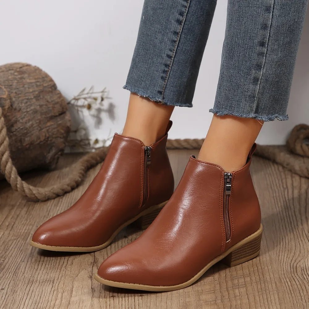 Women's Black Leather Side-Zip Block-Heel Ankle Boots