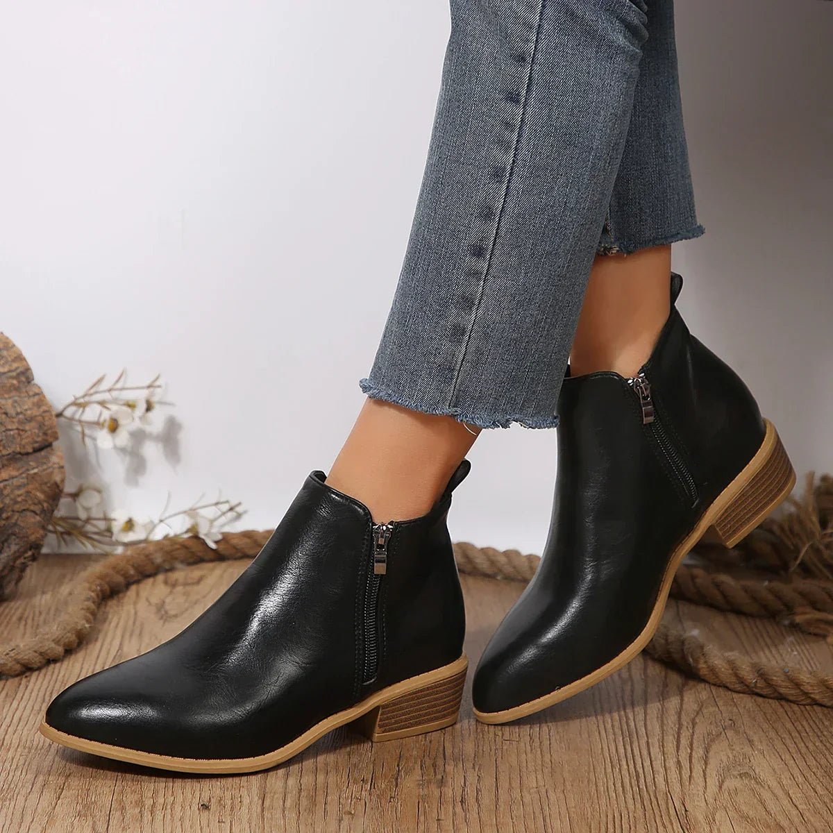Women's Black Leather Side-Zip Block-Heel Ankle Boots