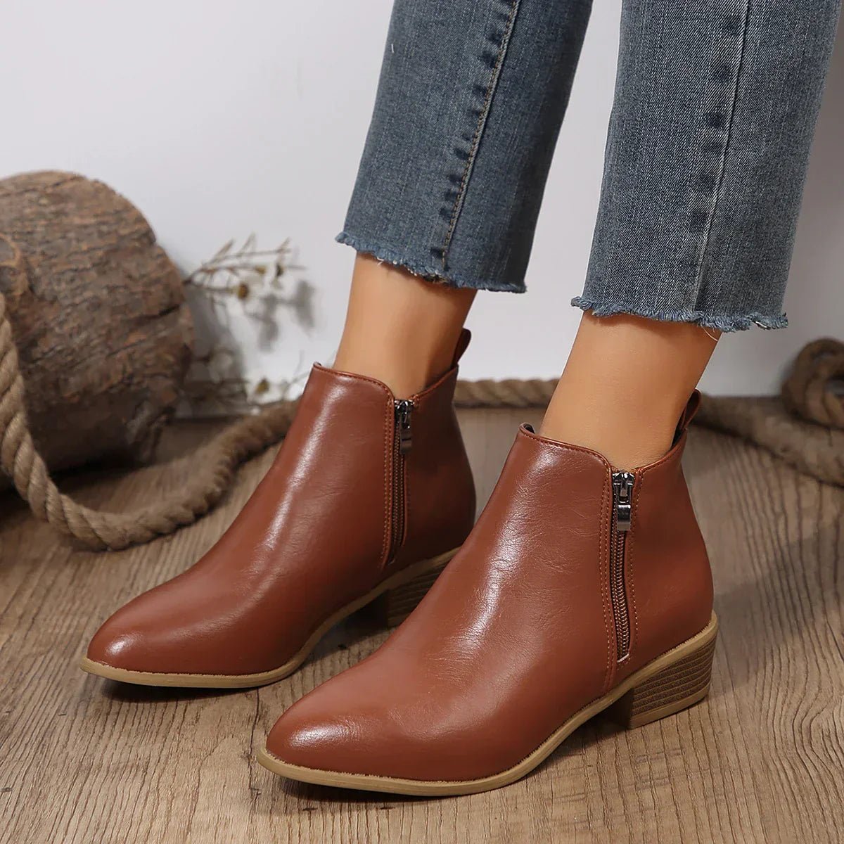 Women's Black Leather Side-Zip Block-Heel Ankle Boots - Brown