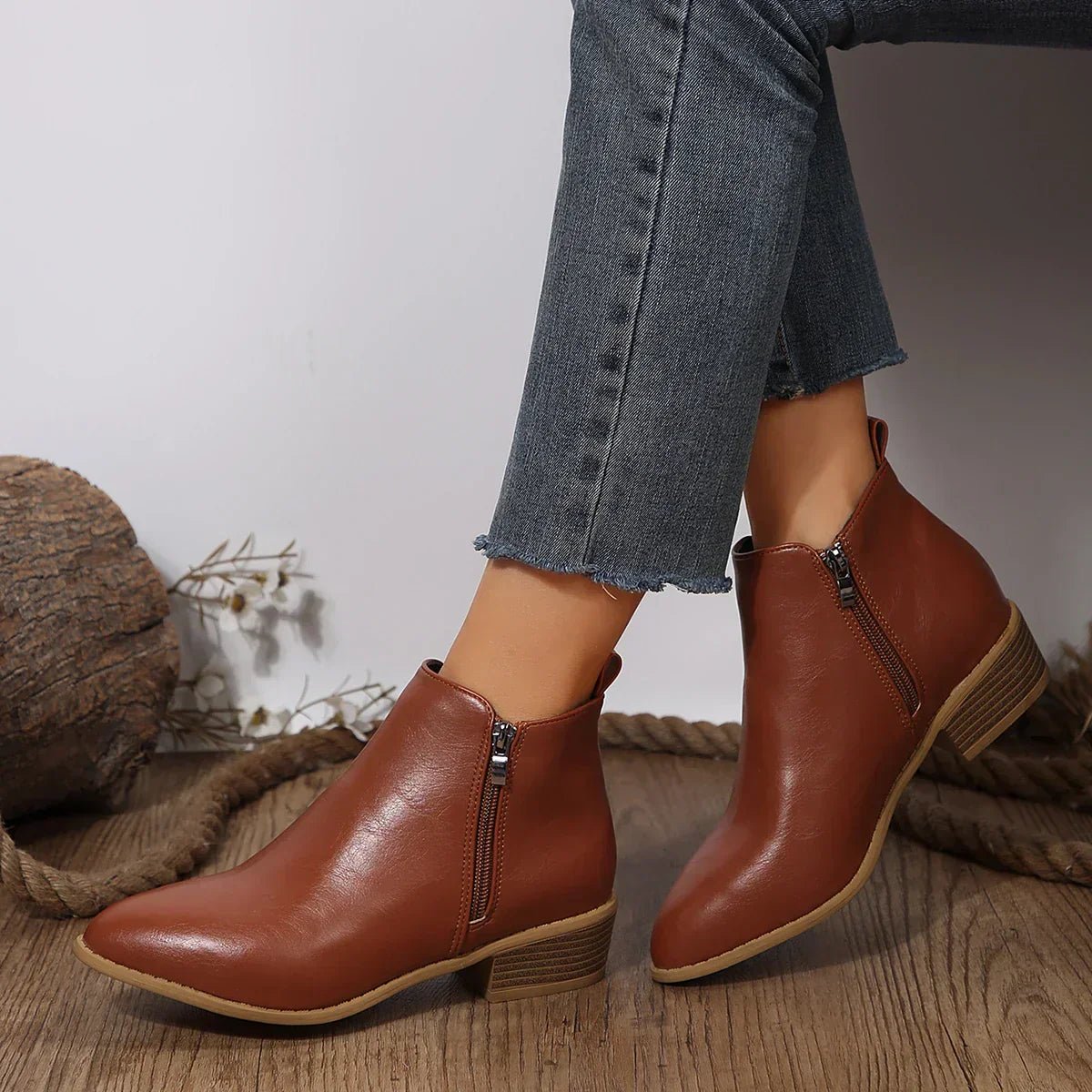 Women's Black Leather Side-Zip Block-Heel Ankle Boots