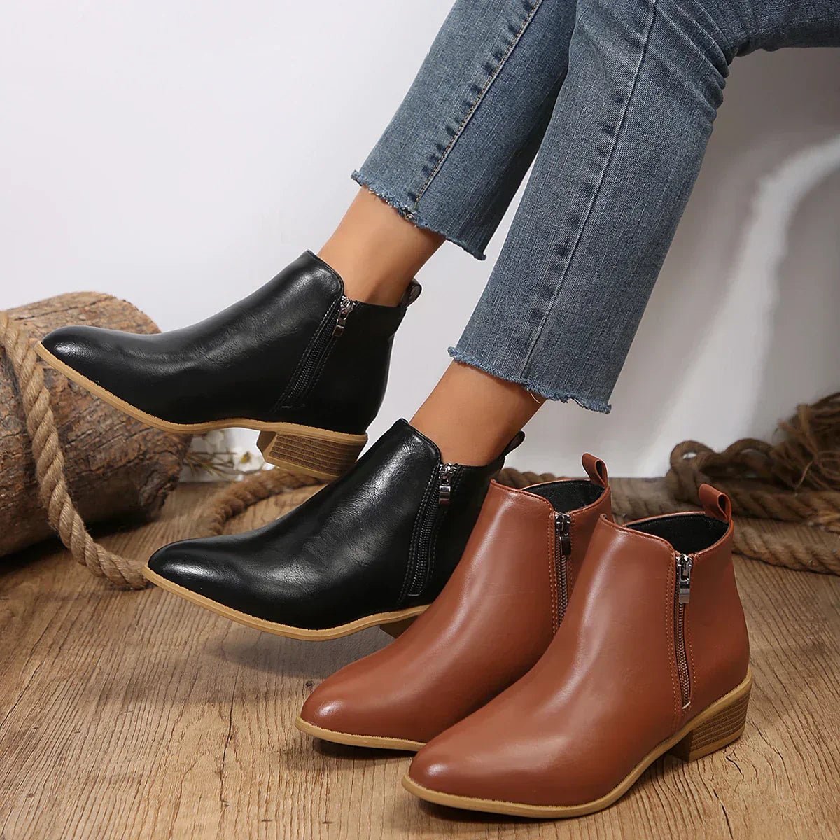 Women's Black Leather Side-Zip Block-Heel Ankle Boots