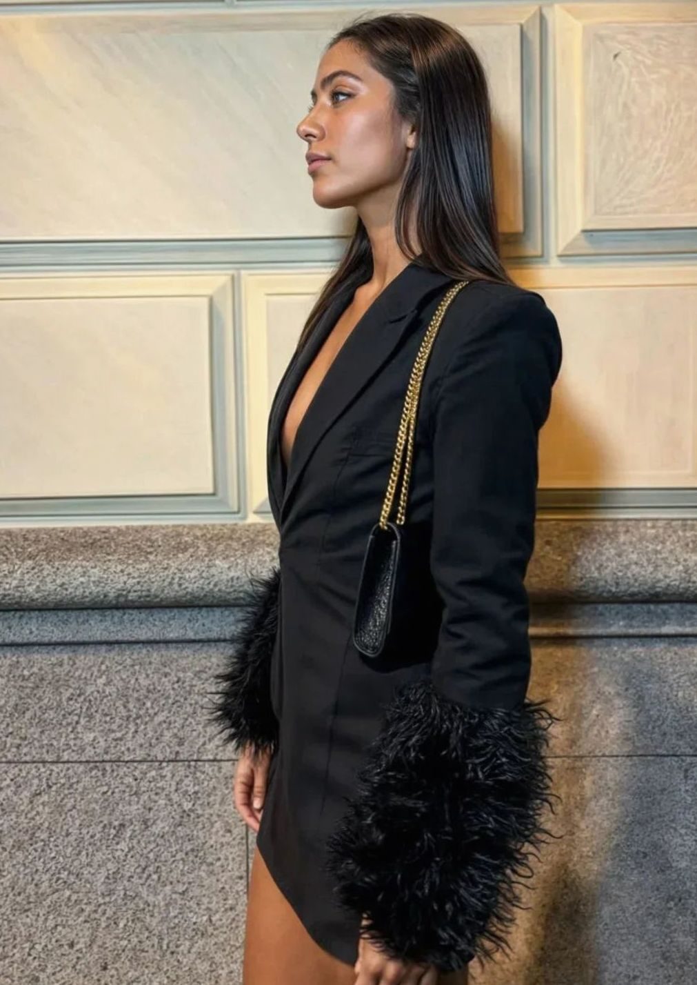Women's Black Long Sleeve Mini Blazer Dress Feather Cuffs Textured