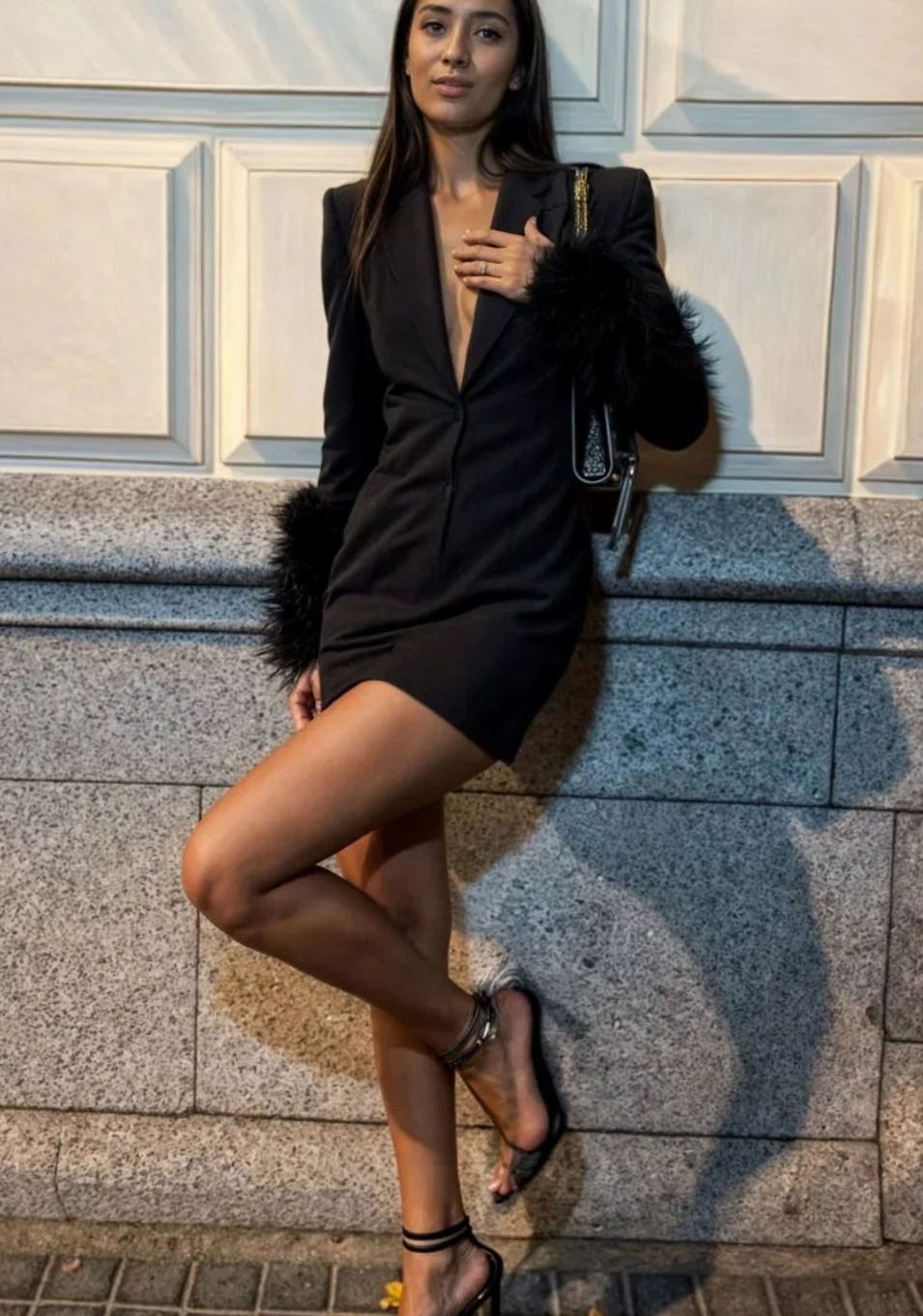 Women's Black Long Sleeve Mini Blazer Dress Feather Cuffs Textured