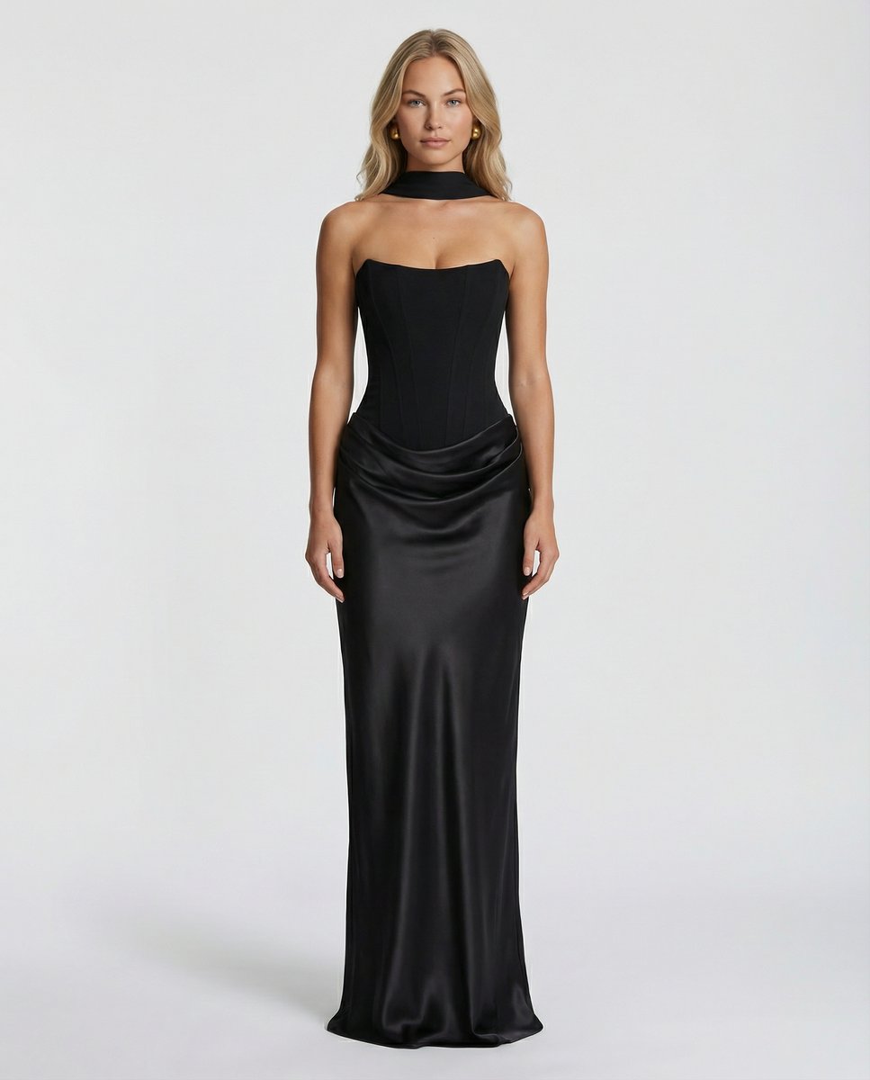 Women's Black Satin Corset Maxi Dress Jumpsuit Formal Gown - Black