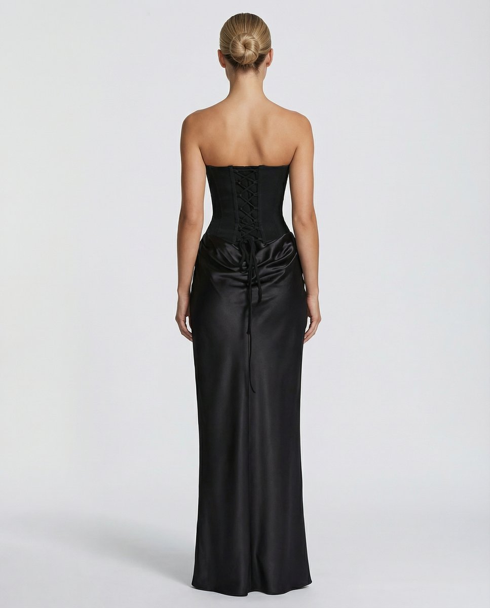 Women's Black Satin Corset Maxi Dress Jumpsuit Formal Gown