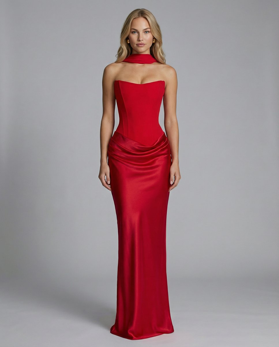 Women's Black Satin Corset Maxi Dress Jumpsuit Formal Gown - Red