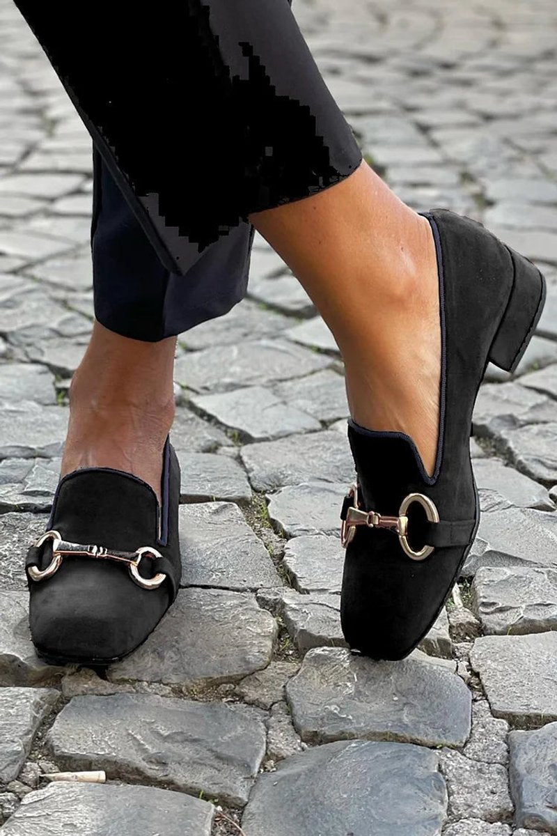 Women's Black Suede Gold Horsebit Loafers Block Heel - Black