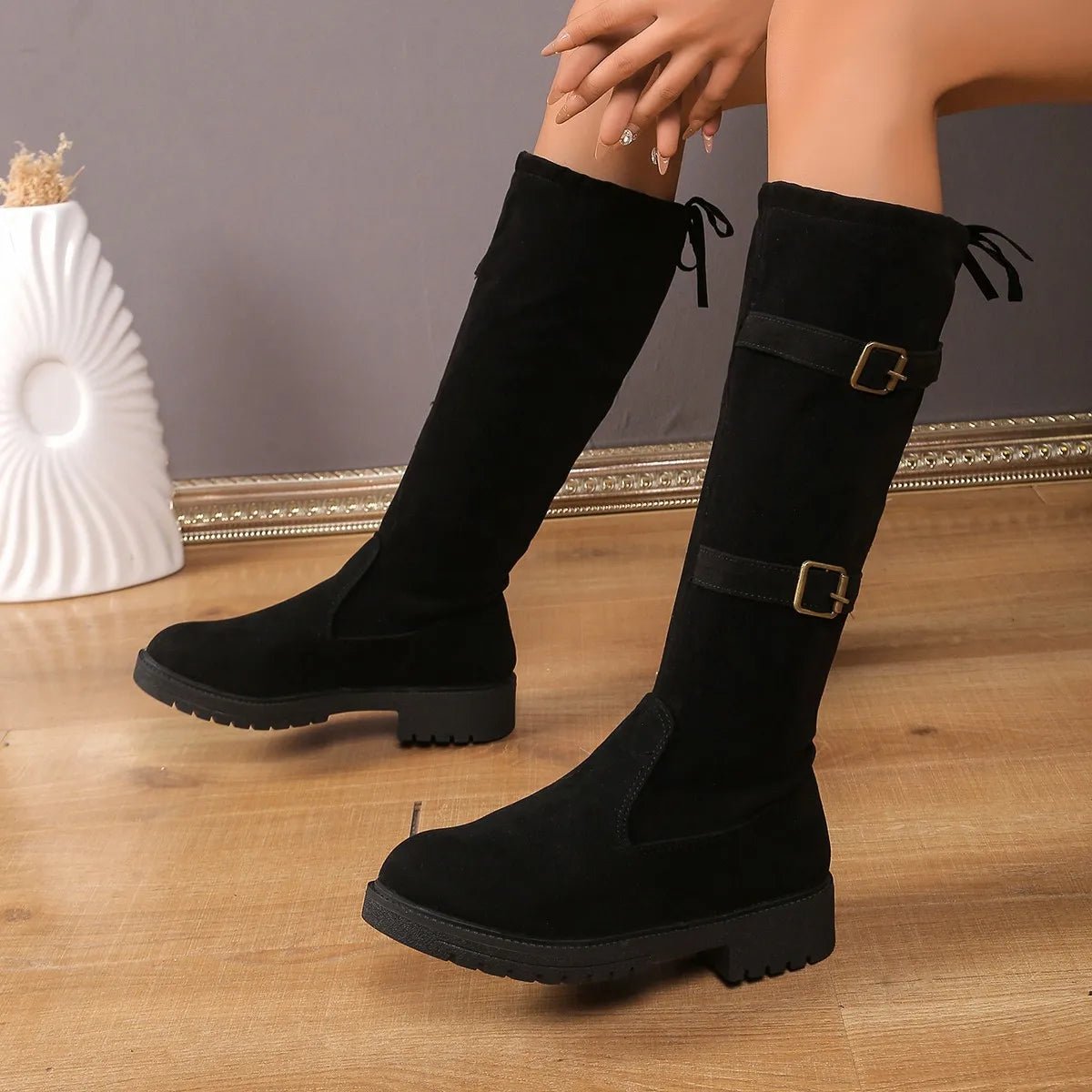 Women's Black Suede Knee-High Buckle Boots - Black