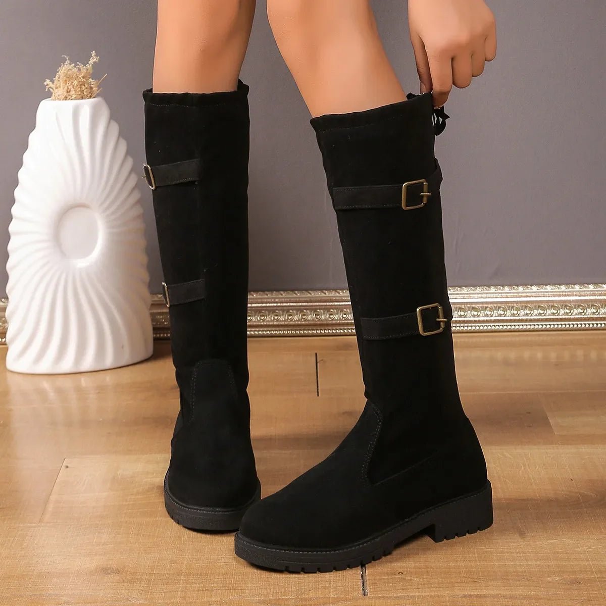 Women's Black Suede Knee-High Buckle Boots