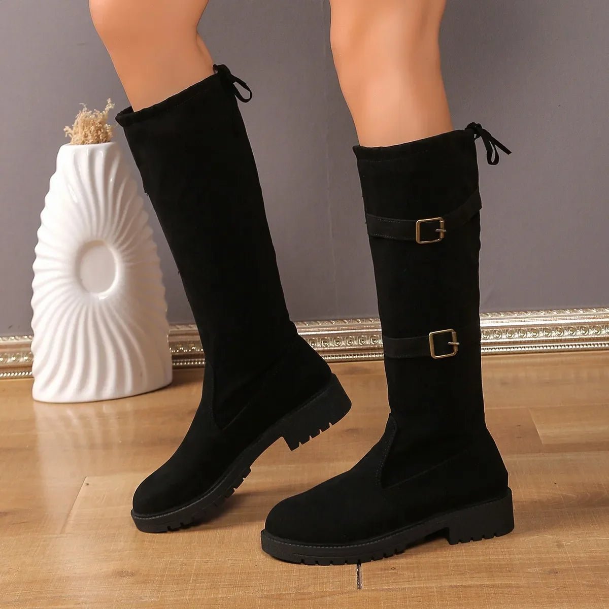 Women's Black Suede Knee-High Buckle Boots