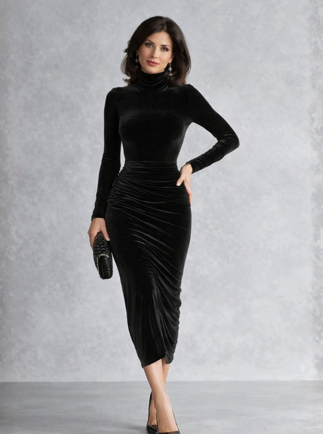Women's Black Velvet Ruched Midi Dress Turtleneck Long Sleeve - Black