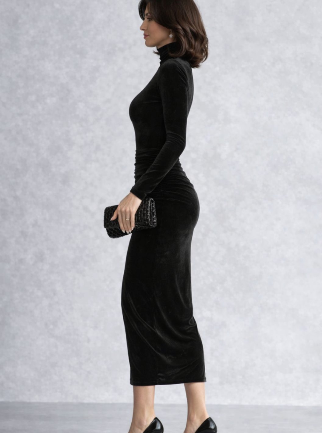 Women's Black Velvet Ruched Midi Dress Turtleneck Long Sleeve