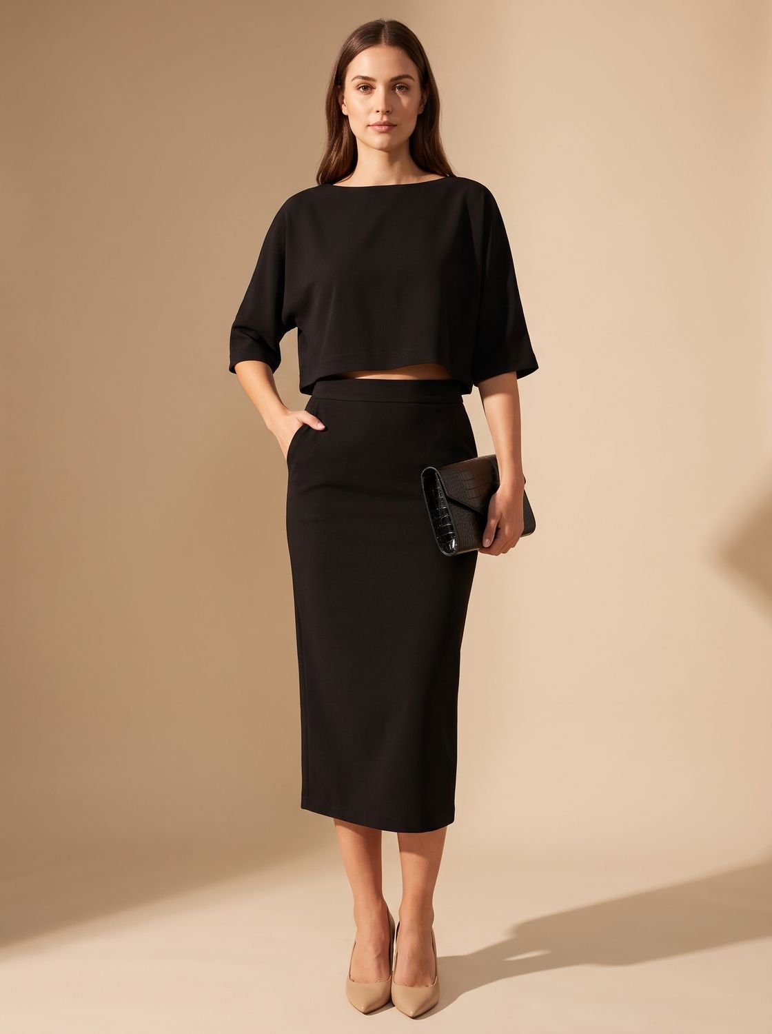 Women's Boat Neck Top Midi Skirt Two-Piece Crepe Co-ord Set - Black
