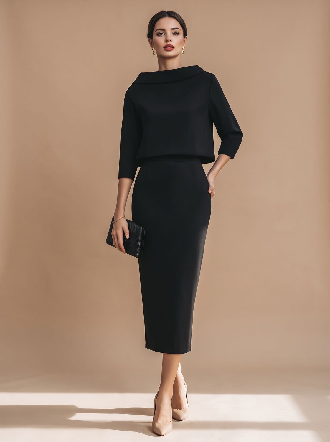 Women's Boat Neck Top Midi Skirt Two-Piece Crepe Co-ord Set