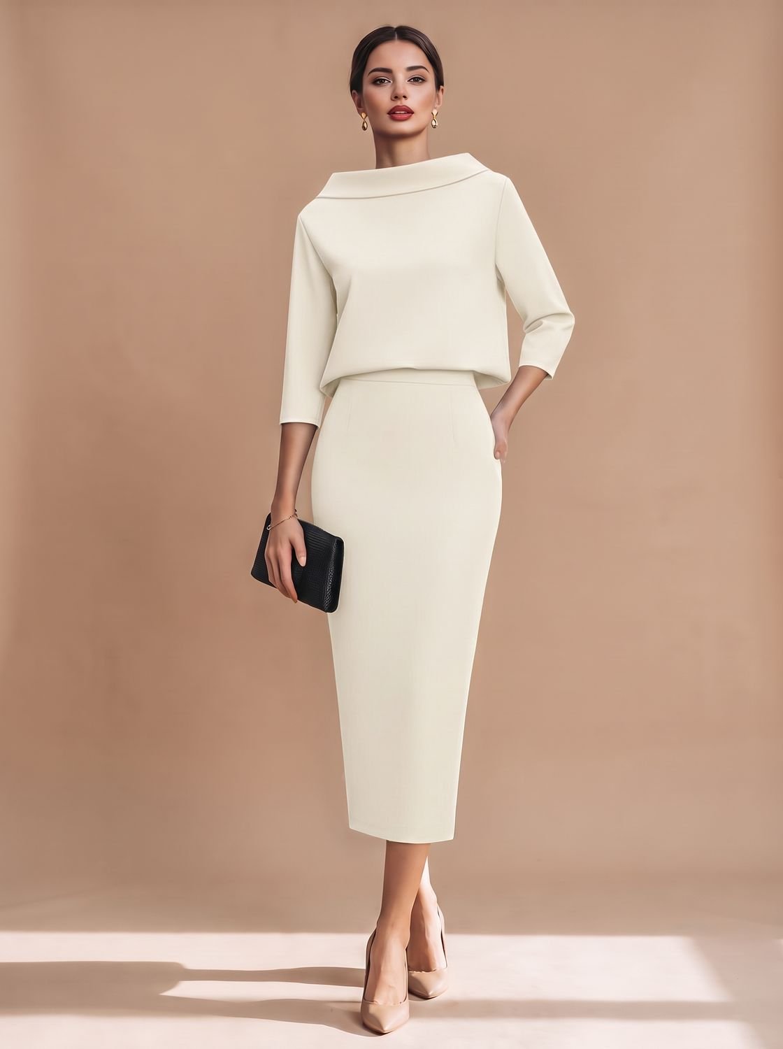 Women's Boat Neck Top Midi Skirt Two-Piece Crepe Co-ord Set - Beige