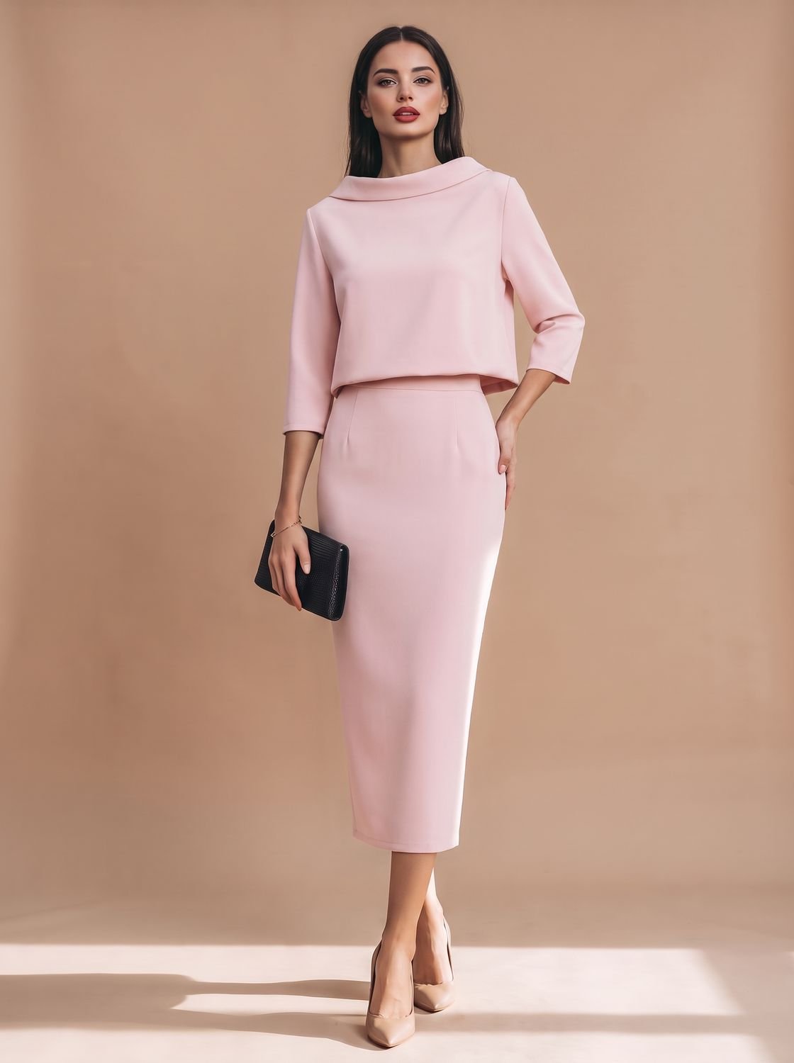 Women's Boat Neck Top Midi Skirt Two-Piece Crepe Co-ord Set - Pink